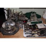 Collection of late Victorian EP wares including cruet, four piece service, shell dishes,