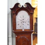 19th Century inlaid mahogany eight day longcase clock, having silvered arched dial signed G.