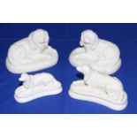 Pair Victorian Parian King Charles Spaniels on cushions and two Spaniels (4).