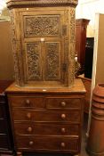 Victorian mahogany five drawer chest and carved oak corner wall cabinet.