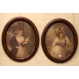 Pair oval framed portrait prints of ladies.