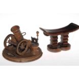 Tribal wood headrest and cannon model smokers stand (2).