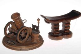 Tribal wood headrest and cannon model smokers stand (2).