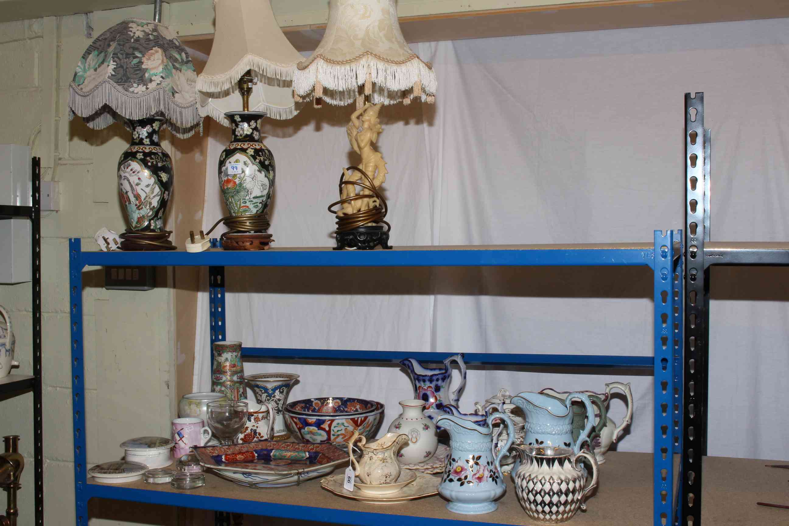 Prattware pot lids, two Imari bowls, Cantonese vase, Victorian jugs and three table lamps, etc.
