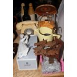 Vintage telephone, Lladro figure, cuckoo clock, local stoneware bottles, and jar, Beswick cottage,
