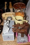 Vintage telephone, Lladro figure, cuckoo clock, local stoneware bottles, and jar, Beswick cottage,