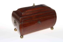 Good Regency brass inlaid rosewood tea caddy, having two compartments and blending bowl,