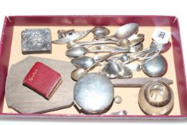 Collection of small silver items including ring box, match striker, spoons, etc.