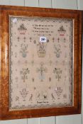 Maple framed sampler, Elizabeth Gray 1814, 53cm by 41cm including frame.