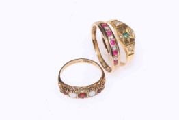 18 carat gold, emerald, diamond and seed pearl ring; and ruby and diamond,