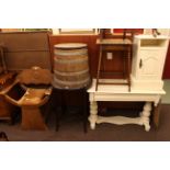 Oak hide seated occasional armchair, lidded ½ barrel, three occasional tables,