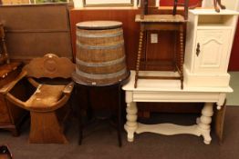 Oak hide seated occasional armchair, lidded ½ barrel, three occasional tables,