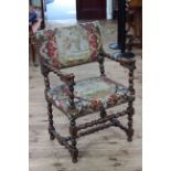 Victorian twist oak open armchair in tapestry fabric.