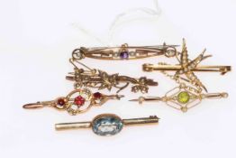 Collection of six Edwardian/1920's gold bar brooches including 15 carat gold,