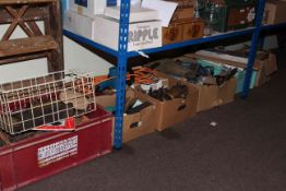 Six boxes of tools including blow lamp, planes, hedge trimmer, two pairs of steps, etc.