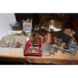 Brass jam pan, kitchenalia, antique copper quart measure, EP wares, lead form animals, pictures,