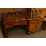 Mahogany fold top ladies writing desk and burr crossbanded bow front two door cabinet.