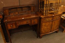 Mahogany fold top ladies writing desk and burr crossbanded bow front two door cabinet.