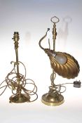 Two early 20th Century brass adjustable table lamps, one with shell shaped shade.