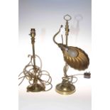 Two early 20th Century brass adjustable table lamps, one with shell shaped shade.