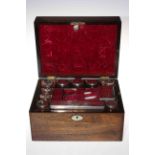 Victorian rosewood work box, having fitted interior with bottles.