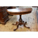 Victorian burr walnut demi lune fold top card table on turned and carved pedestal to four scrolled