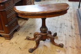 Victorian burr walnut demi lune fold top card table on turned and carved pedestal to four scrolled