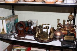 Shelf collection of wood and metalwares including letter holder, jelly moulds,