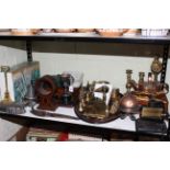 Shelf collection of wood and metalwares including letter holder, jelly moulds,