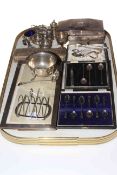 Collection of silver items including engine-turned photograph frame, condiments, toast rack,