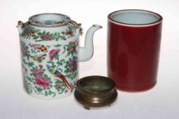 Chinese polychrome teapot, brush pot with six character mark and small bronze censor (3).