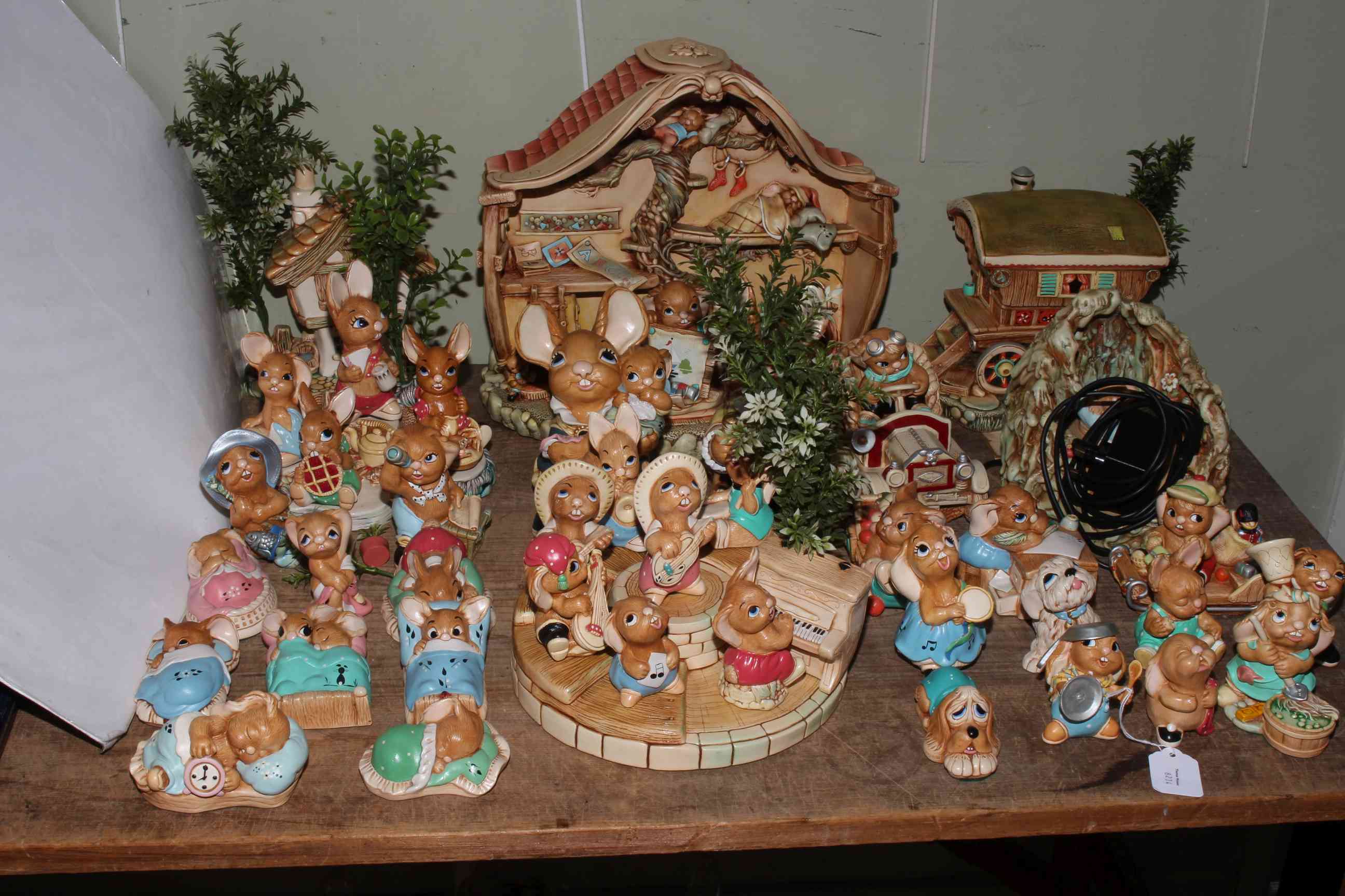 Collection of Pendelfin figurines including Dasher Motor Car, Caravan, Cottage, Bandstand,