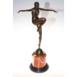 Bronze of exotic dancer on marble plinth base, 55cm.