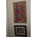 Gilt framed Mexican painting on bark and framed lithograph 'Diane'.