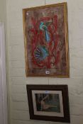 Gilt framed Mexican painting on bark and framed lithograph 'Diane'.