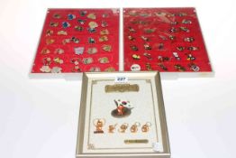 Three framed collections of badges for Seoul Olympics, Golden Shred and Beanie Babies.