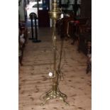 Edwardian brass telescopic standard oil lamp, converted to electric, with shade.