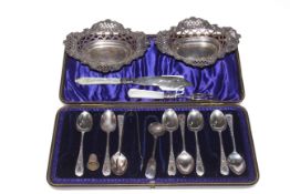 Part boxed set of silver teaspoons and tongs, silver and mother of pearl knife and fork,