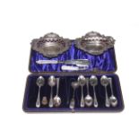 Part boxed set of silver teaspoons and tongs, silver and mother of pearl knife and fork,