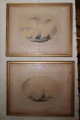 Pair gilt framed oval maritime watercolours.