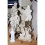 Collection of five Victorian Parian groups and figures including Three Graces table lamp,