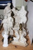 Collection of five Victorian Parian groups and figures including Three Graces table lamp,