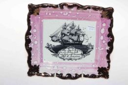 Sunderland lustre plaque, printed with sailing ships and verse.