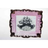 Sunderland lustre plaque, printed with sailing ships and verse.