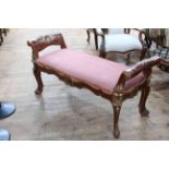 Continental walnut and giltwood painted scroll end window seat, 140cm by 67cm.
