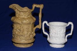 An early Victorian brown relief moulded stoneware jug by Charles Meigh depicting a Bacchanalian