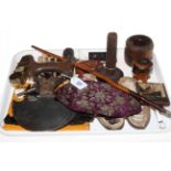 Tray lot with collectables including good vegetable chopper, muff pistol, beaded beret hat,