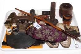 Tray lot with collectables including good vegetable chopper, muff pistol, beaded beret hat,