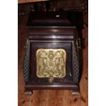 Late Victorian mahogany and brass mounted coal scuttle with elaborate front panel and shovel,