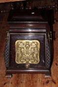 Late Victorian mahogany and brass mounted coal scuttle with elaborate front panel and shovel,